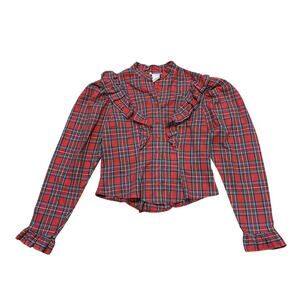 Vintage Retro Holiday Christmas Red Plaid Blouse Ruffle Blouse Top Shirt
